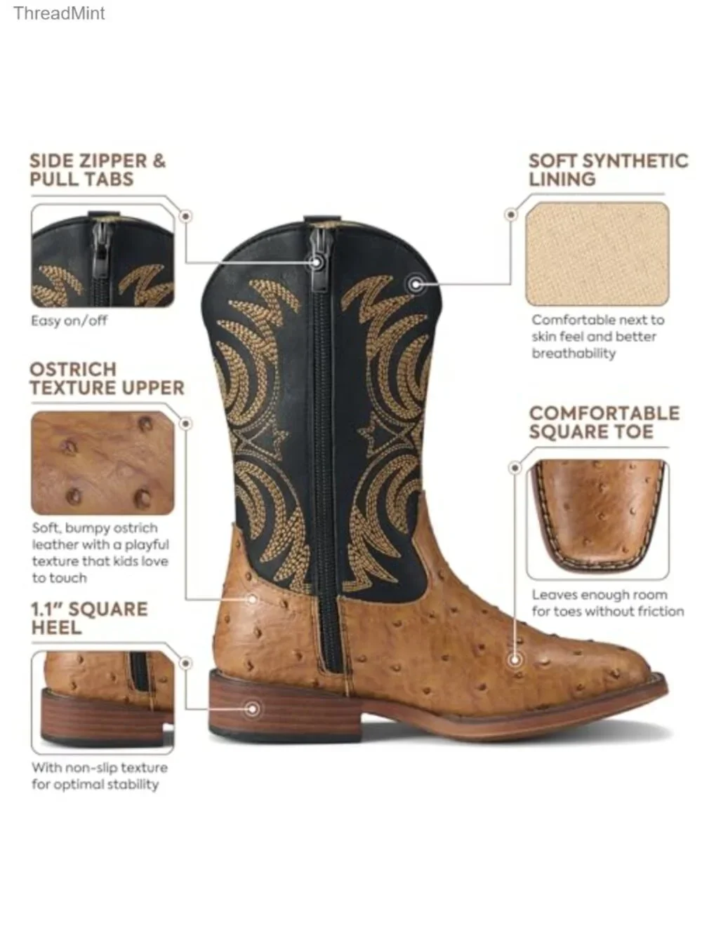 Kids Square Toe Cowboy Boots with Side Zipper Non-Slip Sole